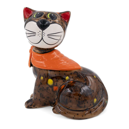 Tangoo Keramik Katze sitzend braun mit orangem Tuch