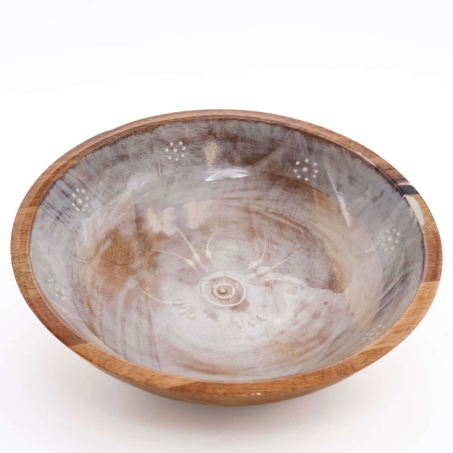 Holzschale rund aus Mangoholz mit Motiv, weiß klein