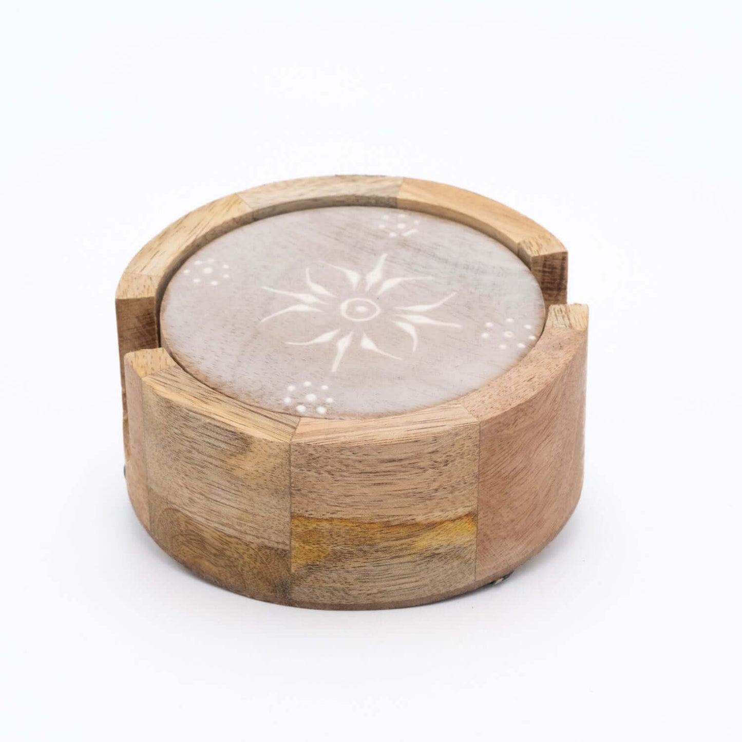 Untersetzer Set für 4 Gläser aus Mangoholz mit Motiv rund weiß