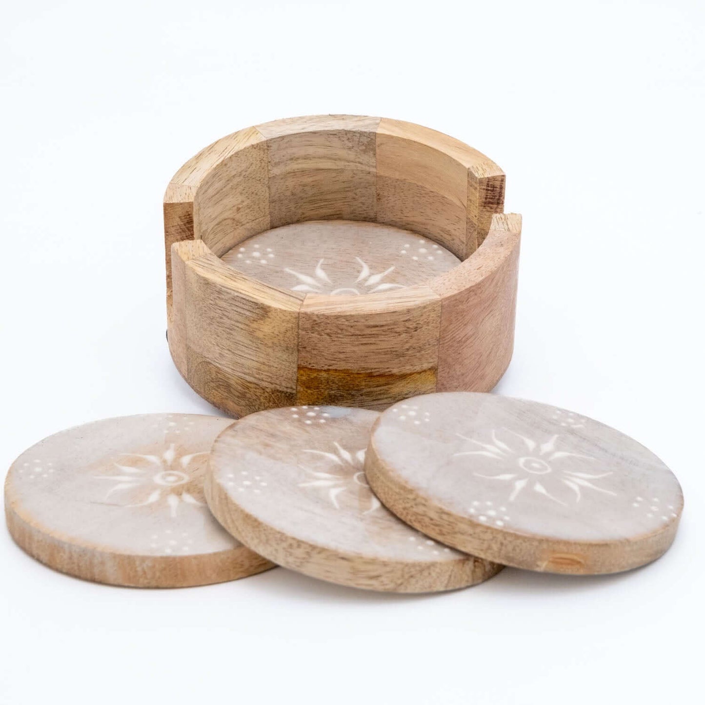 Untersetzer Set für 4 Gläser aus Mangoholz mit Motiv rund weiß