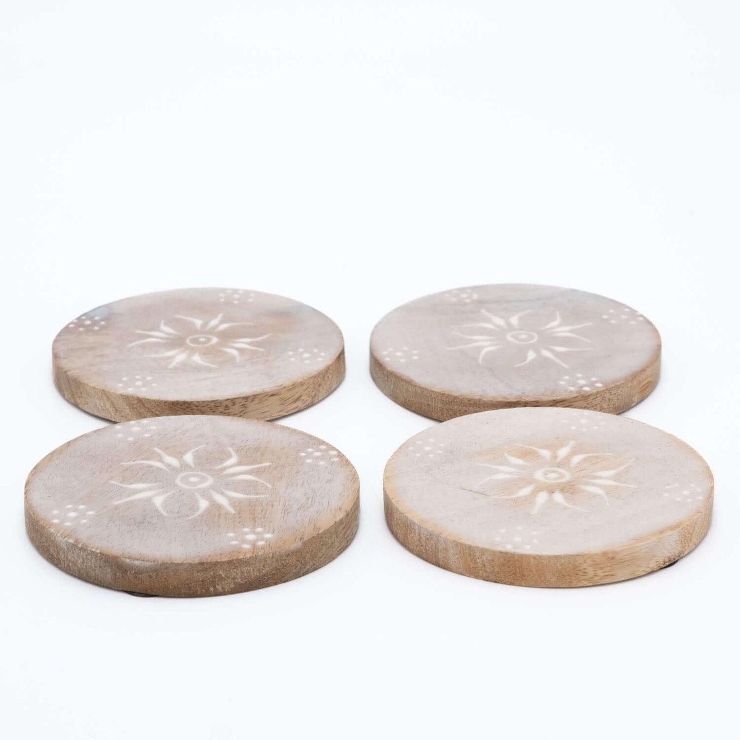 Untersetzer Set für 4 Gläser aus Mangoholz mit Motiv rund weiß