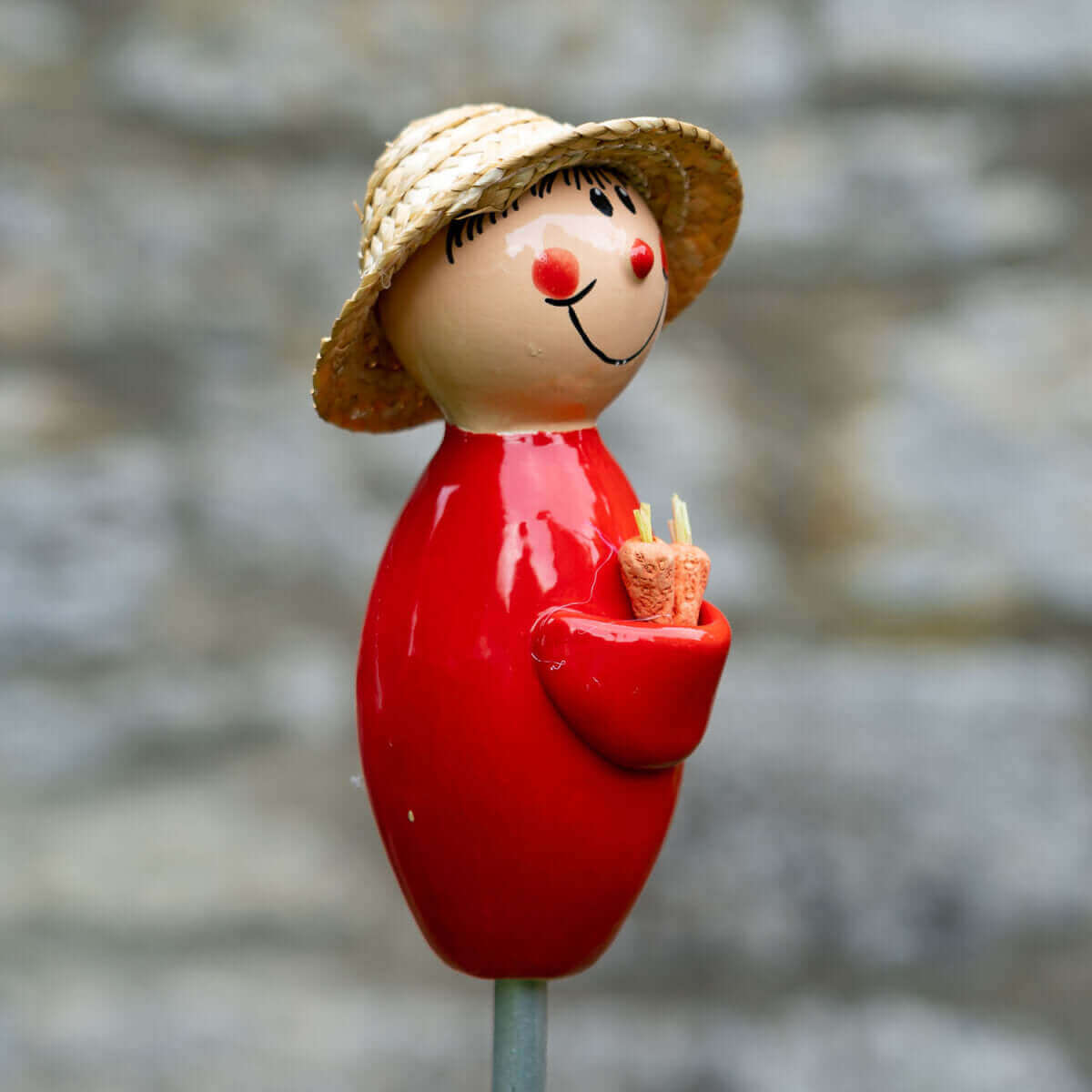 Keramik Gärtner rot mit Strohhut Gartenstecker