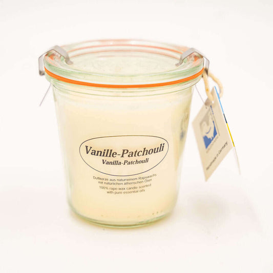 Rapswachskerze im XL WECK®-Glas mit ätherischem Öl Vanille-Patchouli