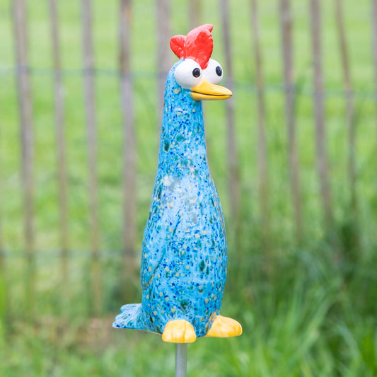 Tangoo Keramik Huhn blau mit grünen Effekten für den Garten, Gartenstecker