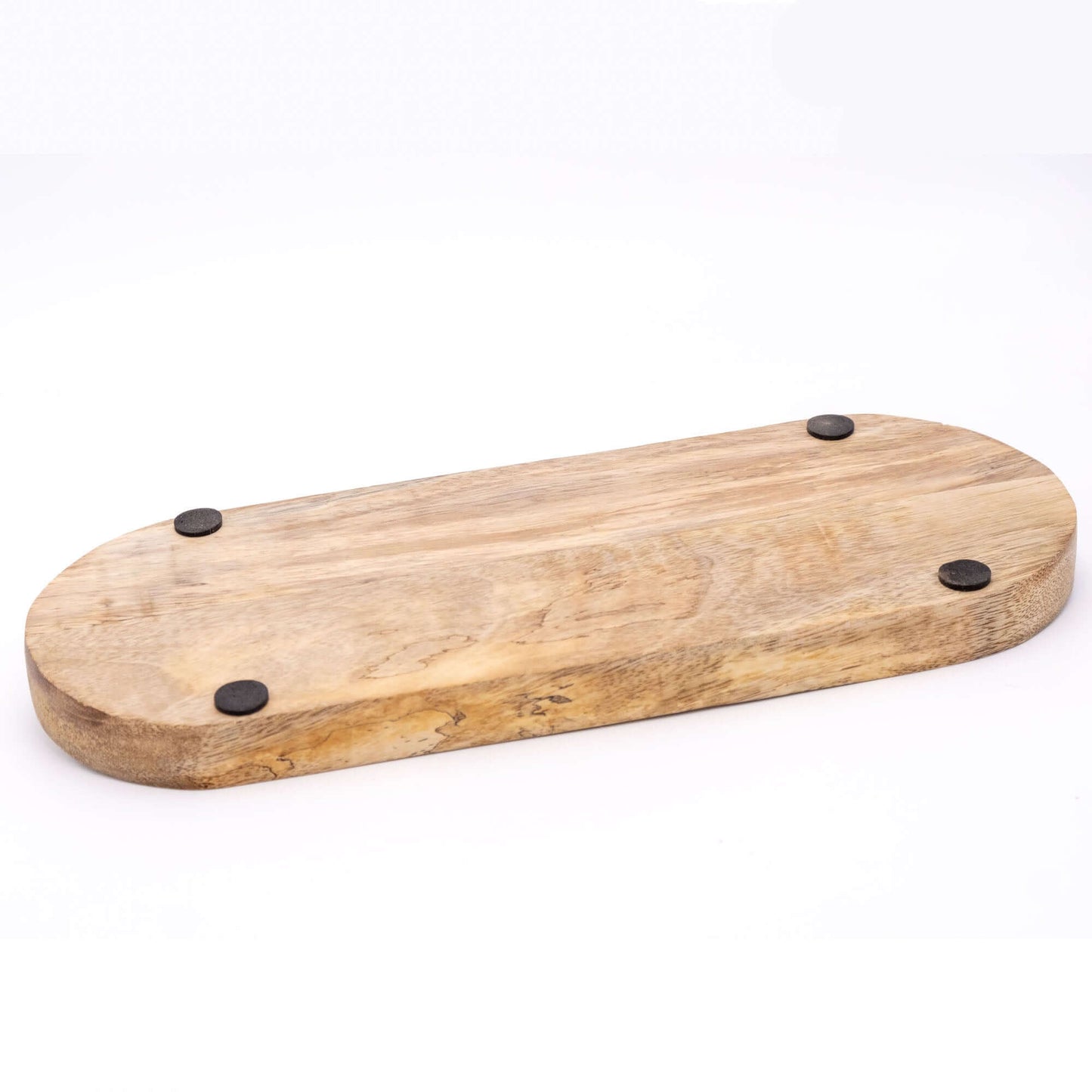 Tablett aus Mangoholz mit drei Schalen, blaue Streifen