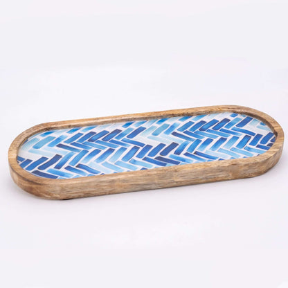 Tablett aus Mangoholz mit drei Schalen, blaue Streifen