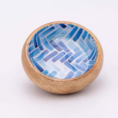 Tablett aus Mangoholz mit drei Schalen, blaue Streifen