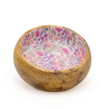 Tablett aus Mangoholz mit drei Schalen, Blumenmuster