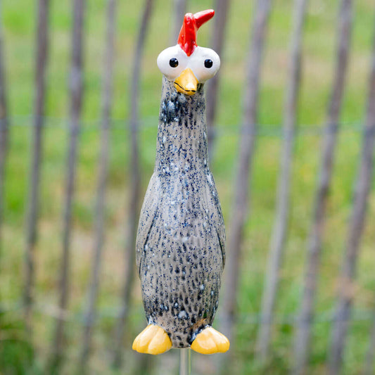 Tangoo Keramik Huhn grau für den Garten, Gartenstecker