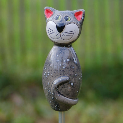 Keramik Katze klein hellgrau für den Garten / Gartenstecker