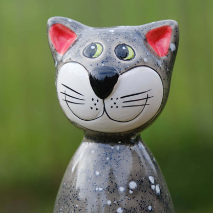 Keramik Katze klein hellgrau für den Garten / Gartenstecker