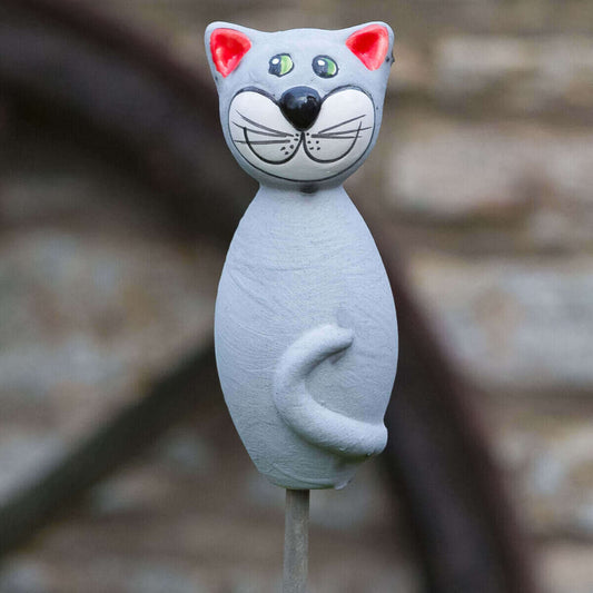 Keramik Katze für den Garten, klein in grau matt