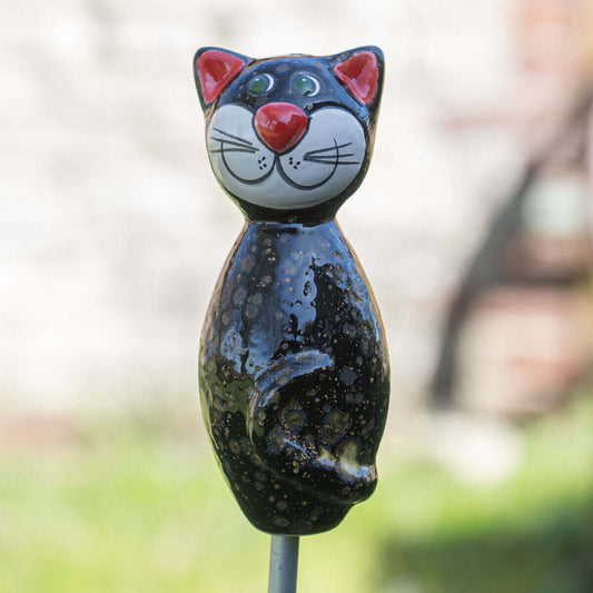 Keramik Katze klein schwarz mit goldenen Effekten für den Garten