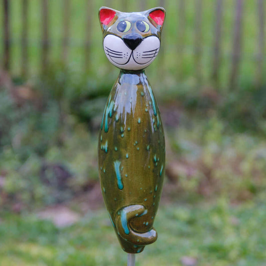 Keramik Katze groß in olive für den Garten