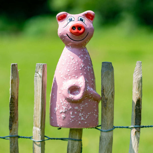 Tangoo Zaunsitzer Keramik Schwein für den Garten mit weißen Sprenkeln